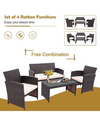 4PCS Patio Rattan Furniture Set Cushioned Chair Sofa Coffee Table