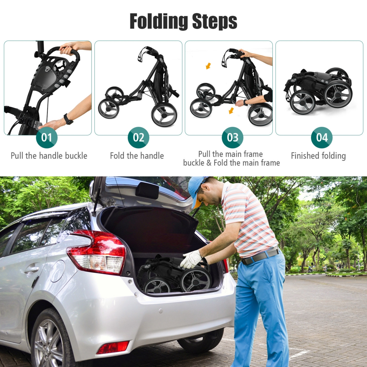 Costway Folding 4 Wheels Golf Push Cart W/Bag Scoreboard Adjustable Handle