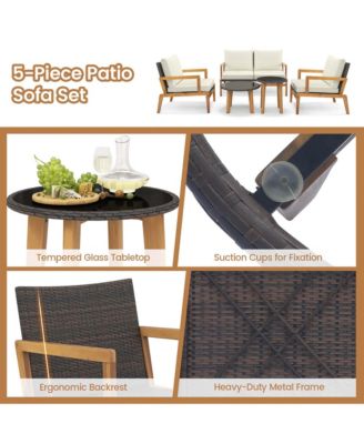 5 Piece Rattan Furniture Set Wicker Woven Sofa Set with Solid Acacia Wood Frame