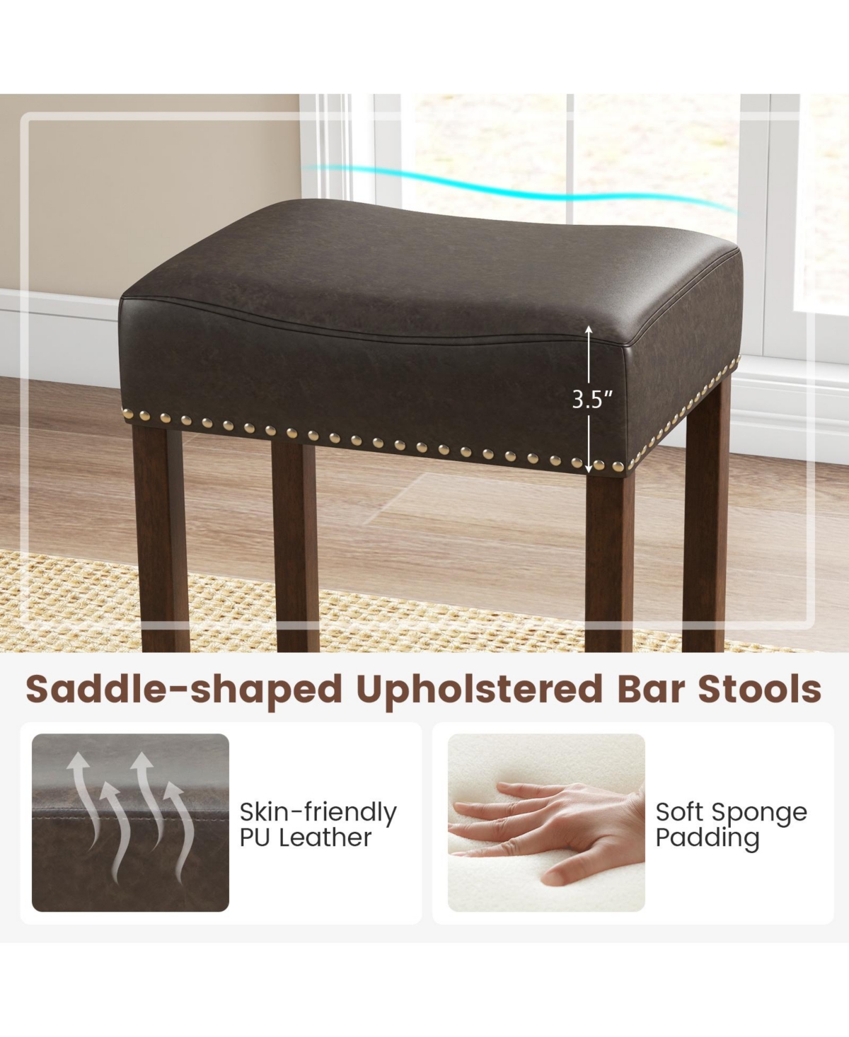Costway Upholstered Bar Stools Set of 2 with Footrests Rubberwood Frame Saddle-shaped