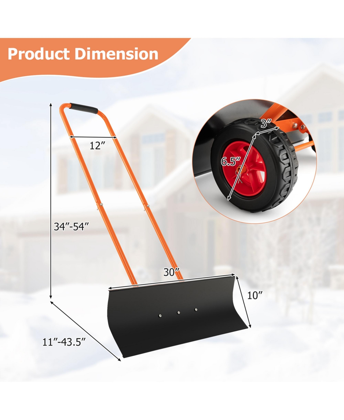 Costway Snow Shovel Heavy-Duty Metal Adjustable Height Wheeled Snow Removal Pusher