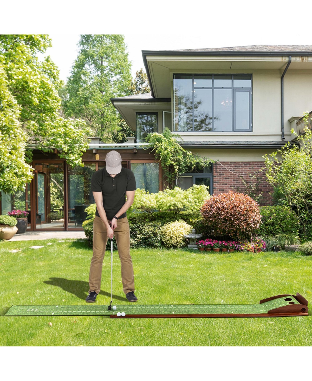 Costway PuttingPractice Golf Putting Mat with Auto Ball Return and 3 Hole Sizes - Green