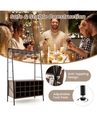 Industrial Rack Freestanding Bottle Holder with Stemware Holder & Open Shelves