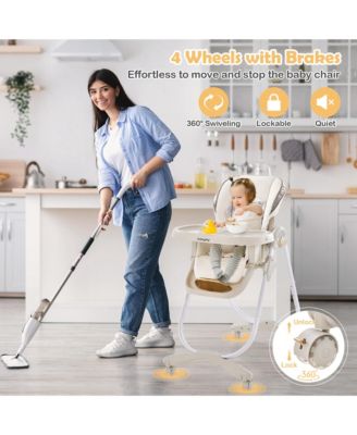 Toddler High Chair with Wheel Folding Dining Chair Adjustable Height & Recline