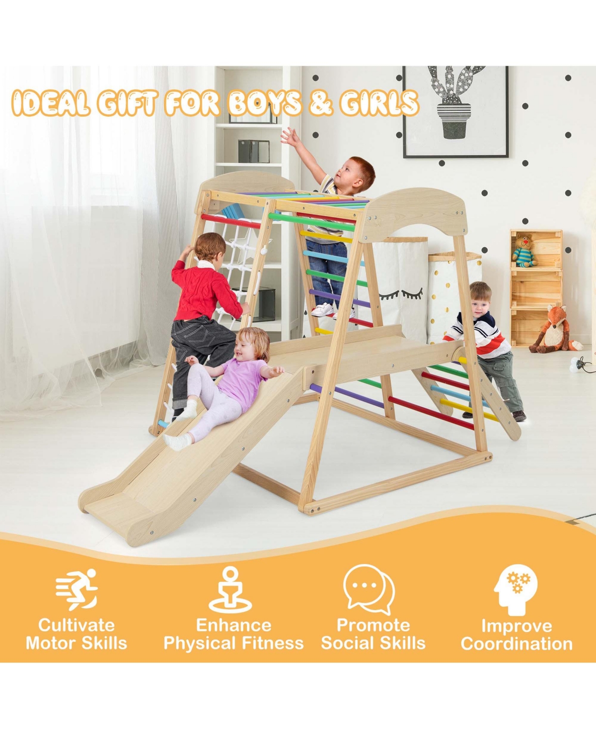 Costway 6-in-1 Indoor Jungle Gym Wooden Playground Climber Playset for Kids 1+ Years