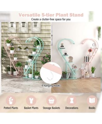 5 Tier Metal Plant Stand Heart-shaped Shelf with Hanging Hook for Multiple Plants