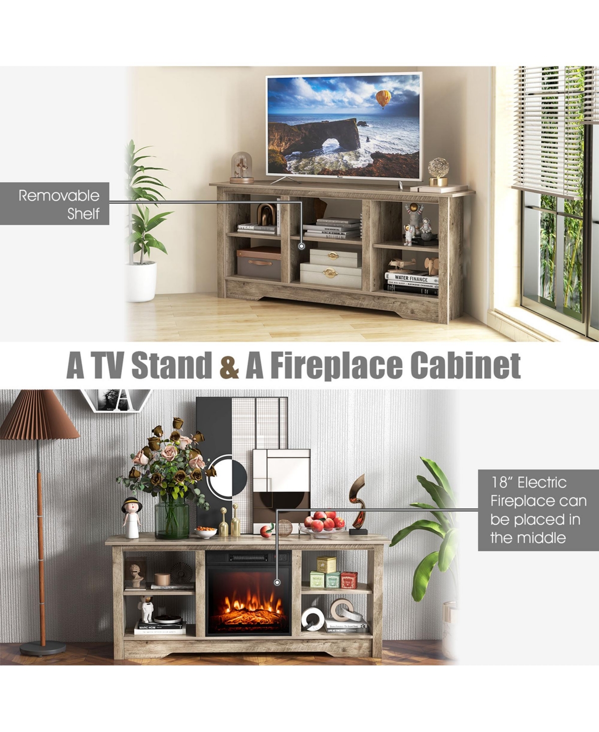 Costway Tv Stand with 6 Open Storage Shelves Shelf for 18 inch Fireplace(not included)