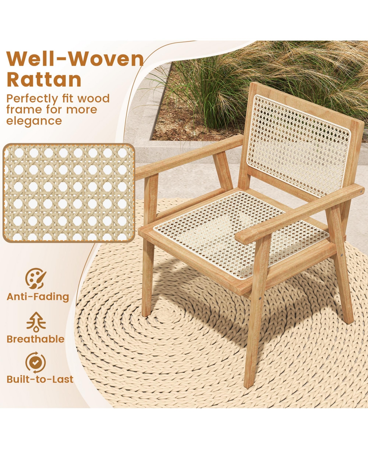 Costway 2 Pcs Outdoor Wood Chair Teak Wood Armchair with Rattan Seat & Back Patio Chair for Porch