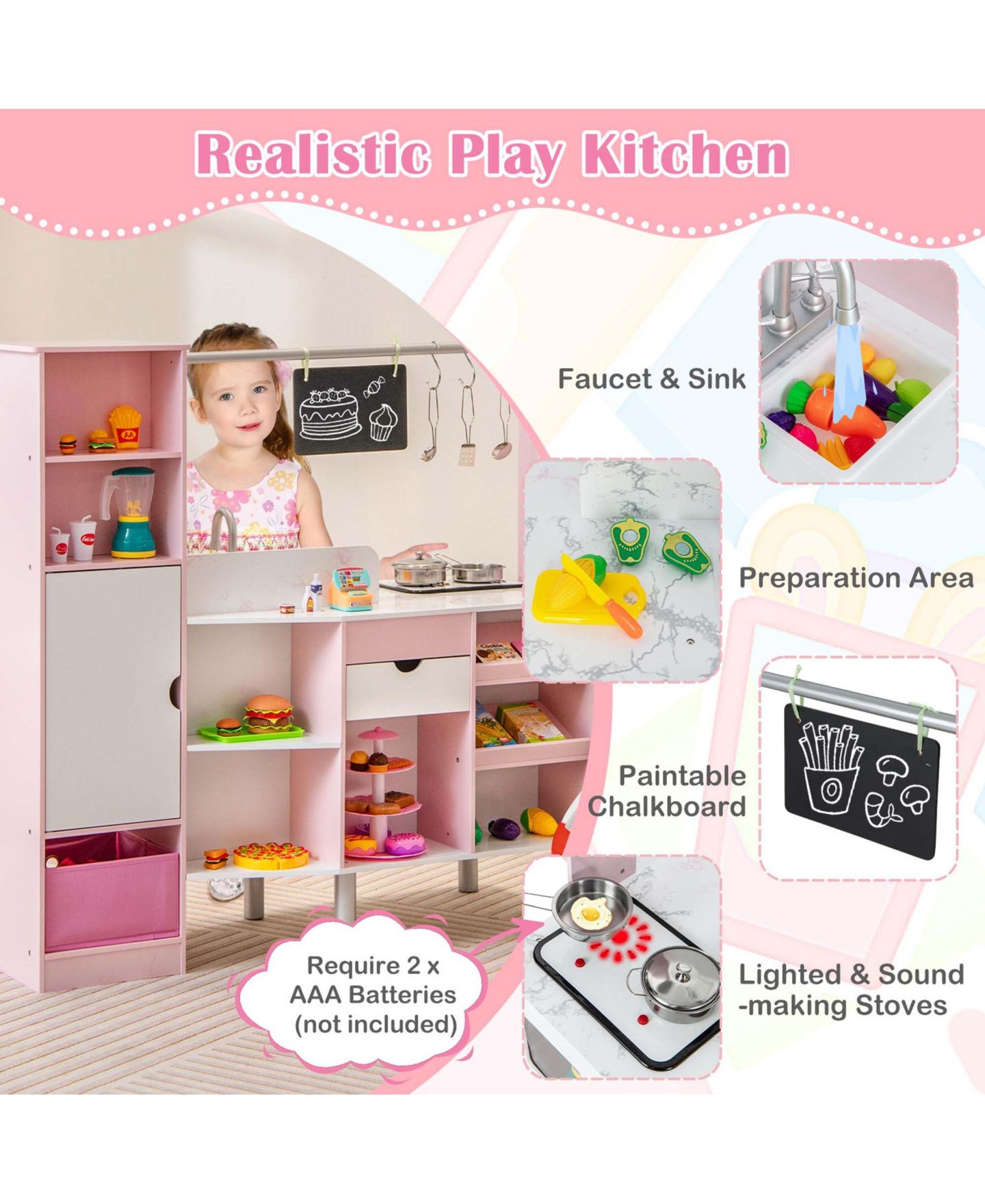 Детская игрушка Costway 2-in-1 Kids Kitchen & Market with Lights and Sounds Play Set, от 3 лет, цвет: Розовый — фото 7