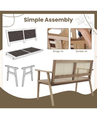 Teak Wood Garden Bench 2-Person Bench with Armrests, Rattan Backrest & Seat