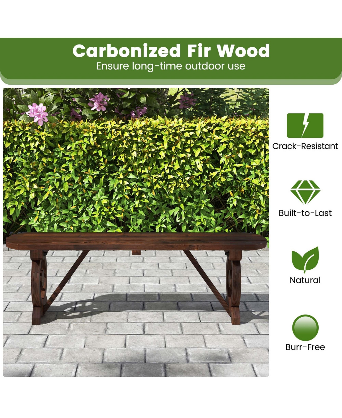 Patio Rustic Wood Bench with Wagon Wheel Base Slatted Seat Design