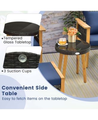 5 Pcs Patio Acacia Wood Wicker Woven Furniture Set with Coffee Table & 2 Ottomans