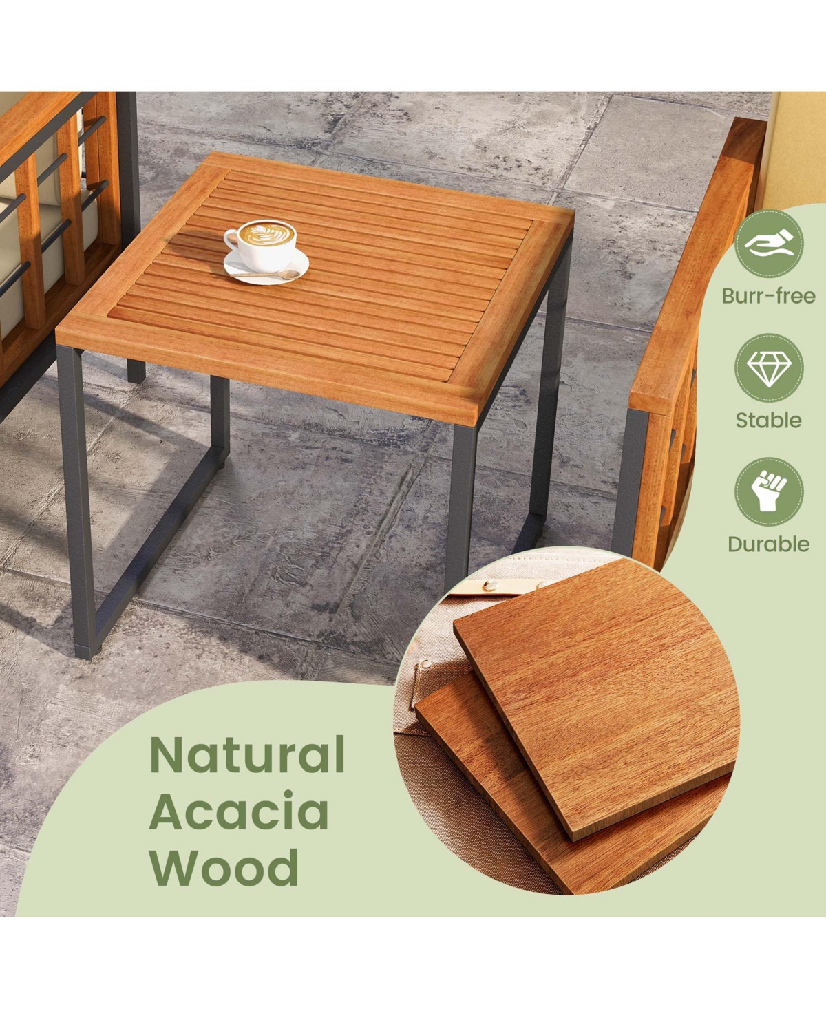 Costway 5 Pcs Acacia Wood Patio Furniture Set with Ottomans Soft Cushions & Coffee Table -khaki