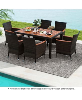 7 Pieces Outdoor Wicker Dining Set with Acacia Wood Table and 6 Stackable Chairs