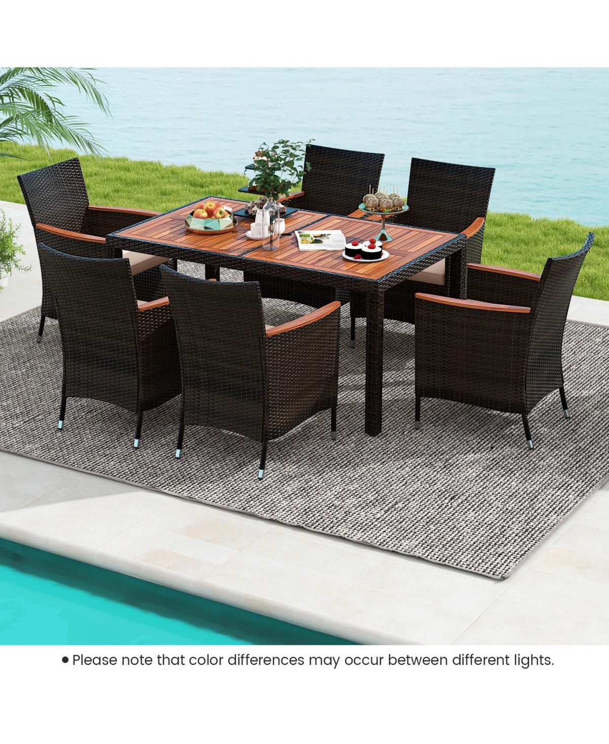 Costway 7 Pieces Outdoor Wicker Dining Set with Acacia Wood Table and 6 Stackable Chairs -khaki