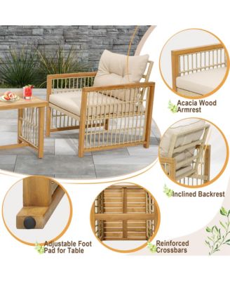 3PCS Patio PE Wicker Conversation Set Acacia Wood Frame