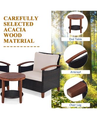 3PCS Patio Wicker Sofa Set Acacia Wood Frame