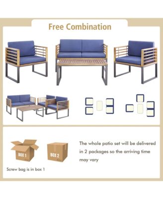 4pcs Patio Acacia Wood Chair Table Loveseat Cushioned Furniture Set Outdoor