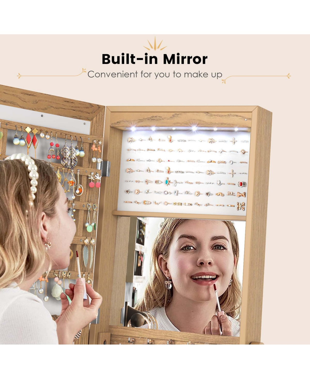 Jewelry Cabinet Full-Length Mirror Lockable Jewelry Armoire with 6 Lights