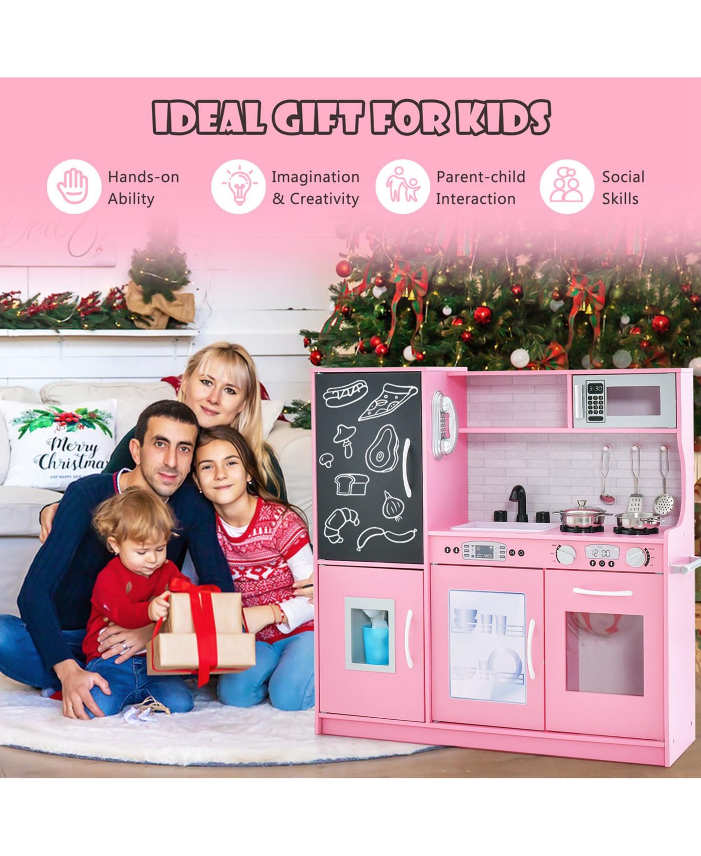 Детские игрушки Costway Blackboard 11-Piece Pretend Play Kitchen, Ages 3+, цвет: Розовый — фото 7