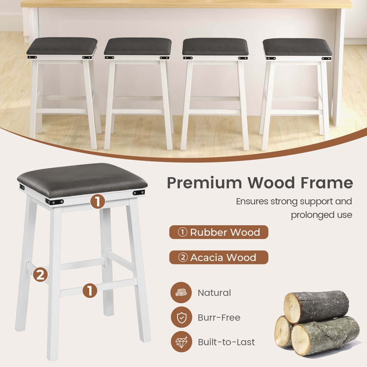 30'' Dining Bar Stool Set of 2 Pub Height Padded Seat Wood Frame Kitchen