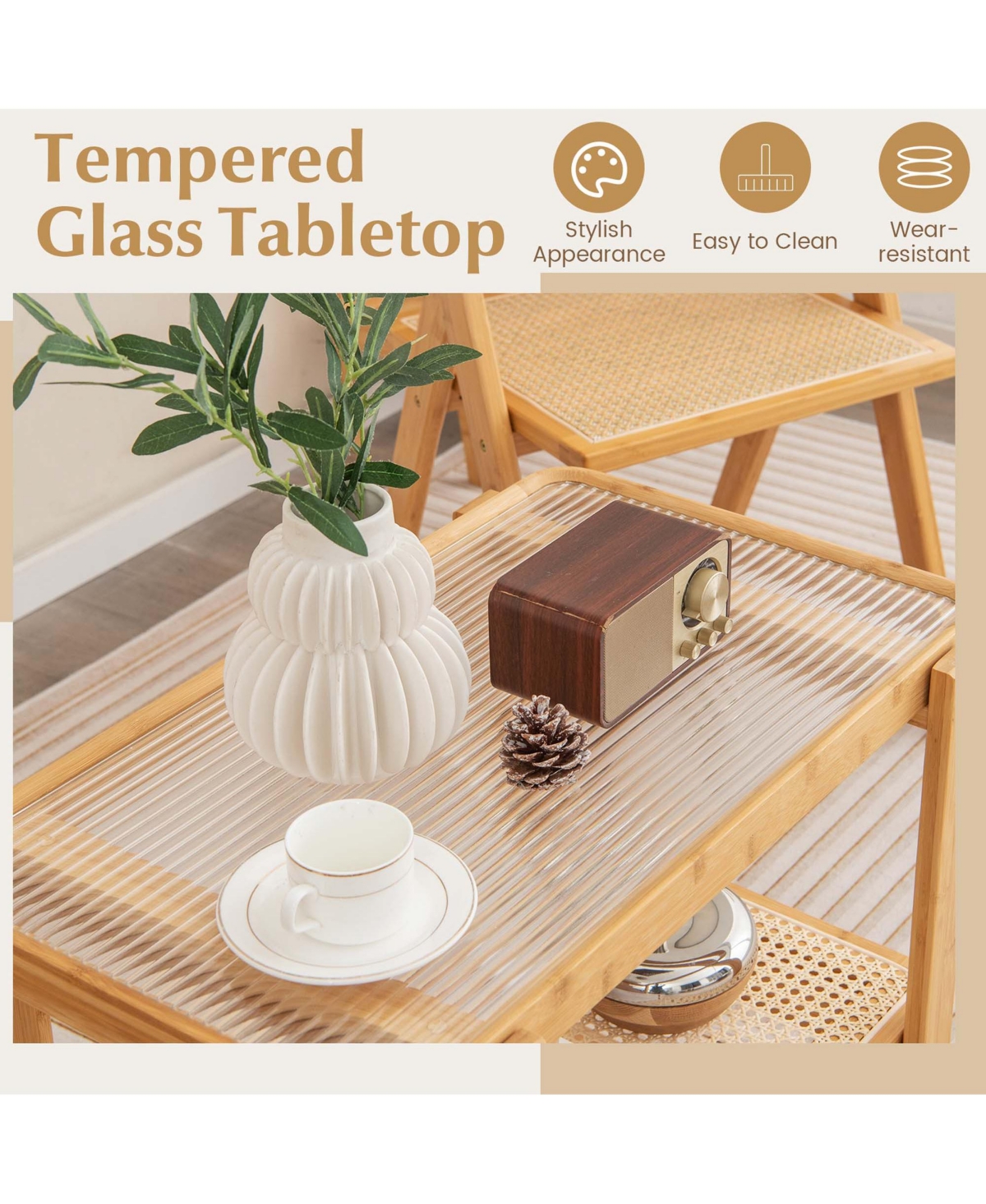 1 Pc Bamboo Side Table with Rattan Shelf Glass Top Nightstand Sofa End Table