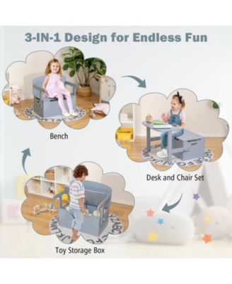 3-in-1 Kids Convertible Storage Bench Wood Activity Table and Chair Set