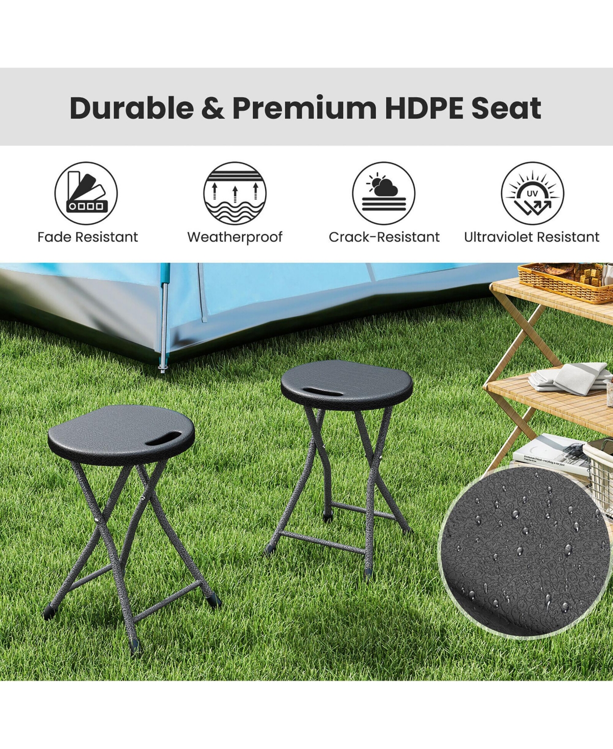 Gymax 18''H Folding Stool Portable & Foldable Camping Chair w/ Built-in Handle - Black+sliver