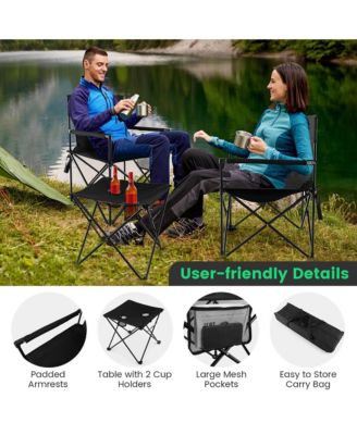 Folding Camping Chair Set of 3 Portable Lawn Chair & Side Table w/ 2 Cup Holders