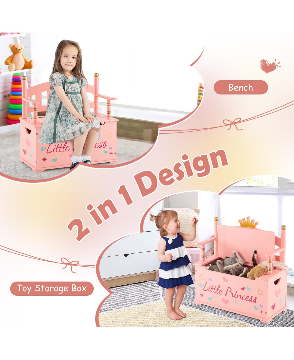 Costway Kids Princess Wooden Bench Seat Toy Box Storage Organizer Children Playroom