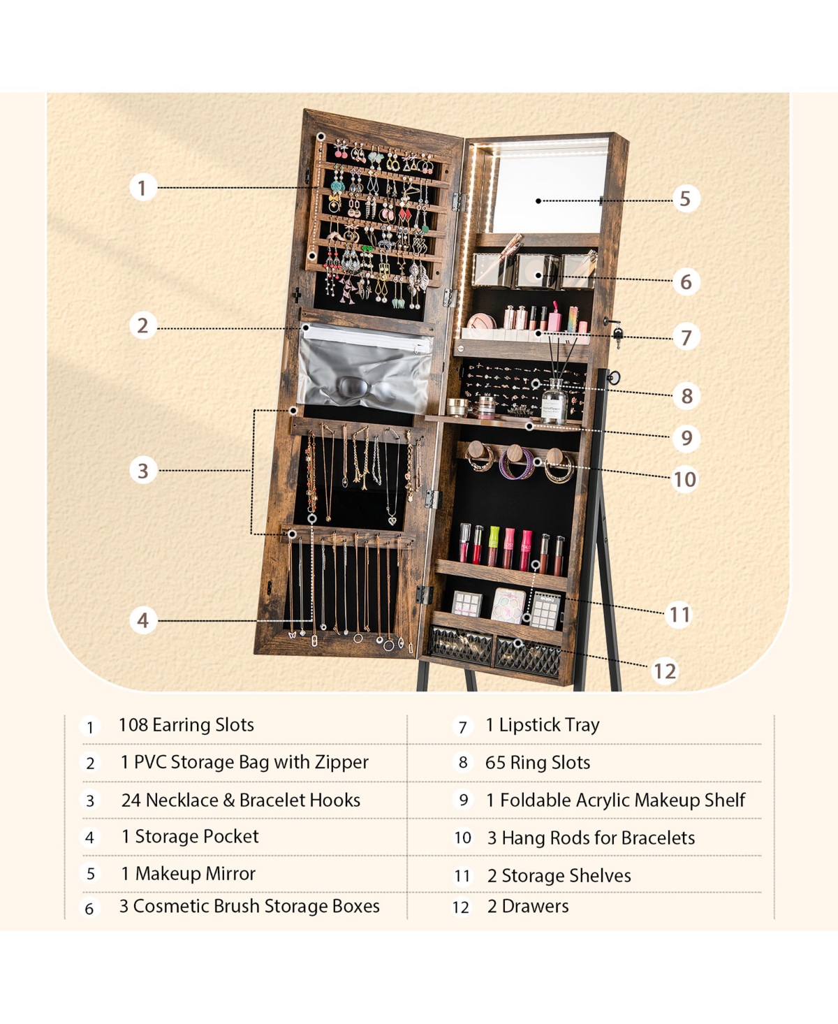 Costway Jewelry Cabinet Armoire 3 Color Led Modes Full-Length Frameless Mirror Lockable