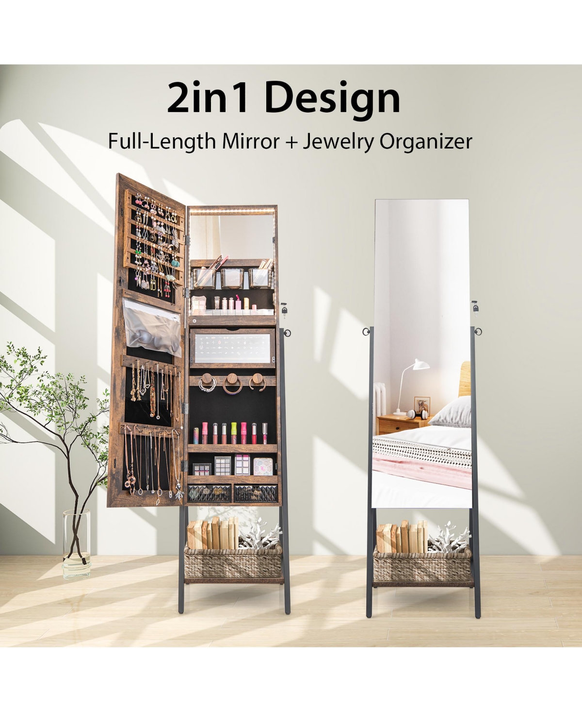 Costway Jewelry Cabinet Armoire 3 Color Led Modes Full-Length Frameless Mirror Lockable