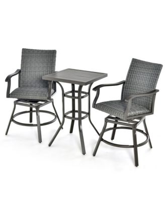 3PCS Patio Rattan Bar Table Stools Set Aluminum 360° Swivel Chairs with Padded Seat