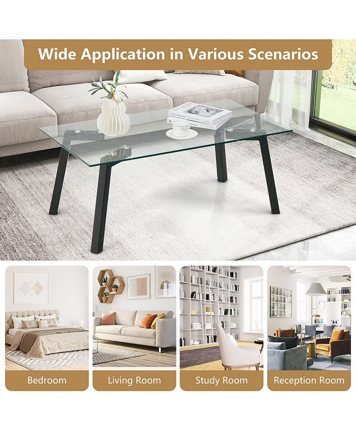 Costway Tempered Glass Coffee Table Modern Center Table with Metal