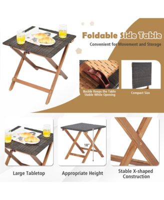 2PCS Patio Rattan Lounge Chair Chaise Recliner Wood Back Adjust W/Folding Table