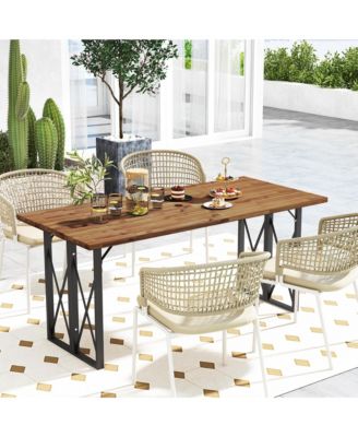67'' Patio Rectangle Table Heavy-Duty Acacia Wood Dining Table with Umbrella Hole
