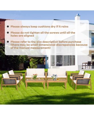 4PCS Patio Rattan Furniture Set Acacia Wood Cushioned Sofa