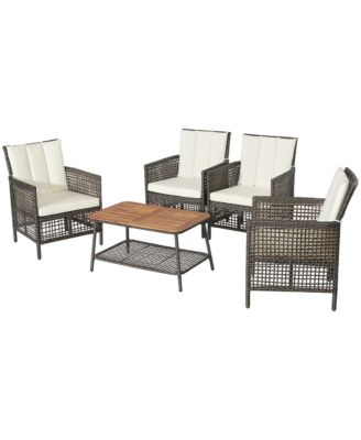 5PCS Patio Rattan Furniture Set Cushioned Sofa Armrest Wooden Tabletop