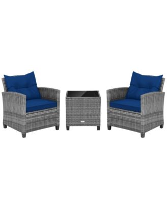 3PCS Patio Rattan Furniture Bistro Set Cushioned Sofas Side Table Armrest