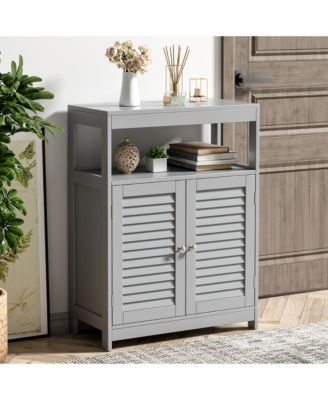 Bathroom Floor Cabinet Storage Organizer with Open Shelf & Double Shutter Door
