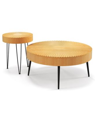 Farmhouse Round Coffee Table Set of 2 End Table Natural Finish for Living Room