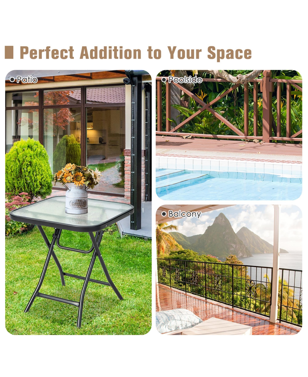 Costway Patio Folding Square Glass Side Table Bistro Coffee Table Plant Stand