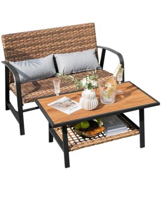 2 PCS Patio Rattan Loveseat Coffee Table Set Padded Back and Seat Pillow w/Shelf
