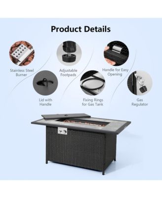 52'' Propane Fire Pit Table Marble Tabletop Rattan Wicker w/ Rain Cover Lava Rock