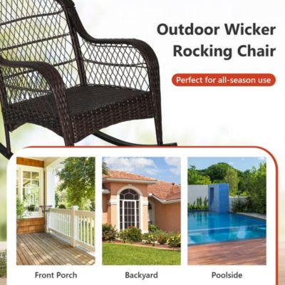 Patio Wicker Rocking Chair with Seat Back Cushions & Lumbar Pillow Porch