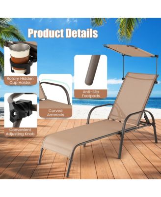 Patio Heavy-Duty Chaise Lounge 5-Level Adjustable Outdoor Recliner Canopy Cup