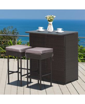 Patio 3PCS Rattan Bar Table Stool Set Cushioned Chairs