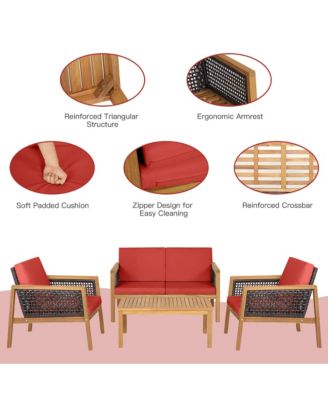 4PCS Patio Rattan Furniture Set Acacia Wood Cushioned Sofa