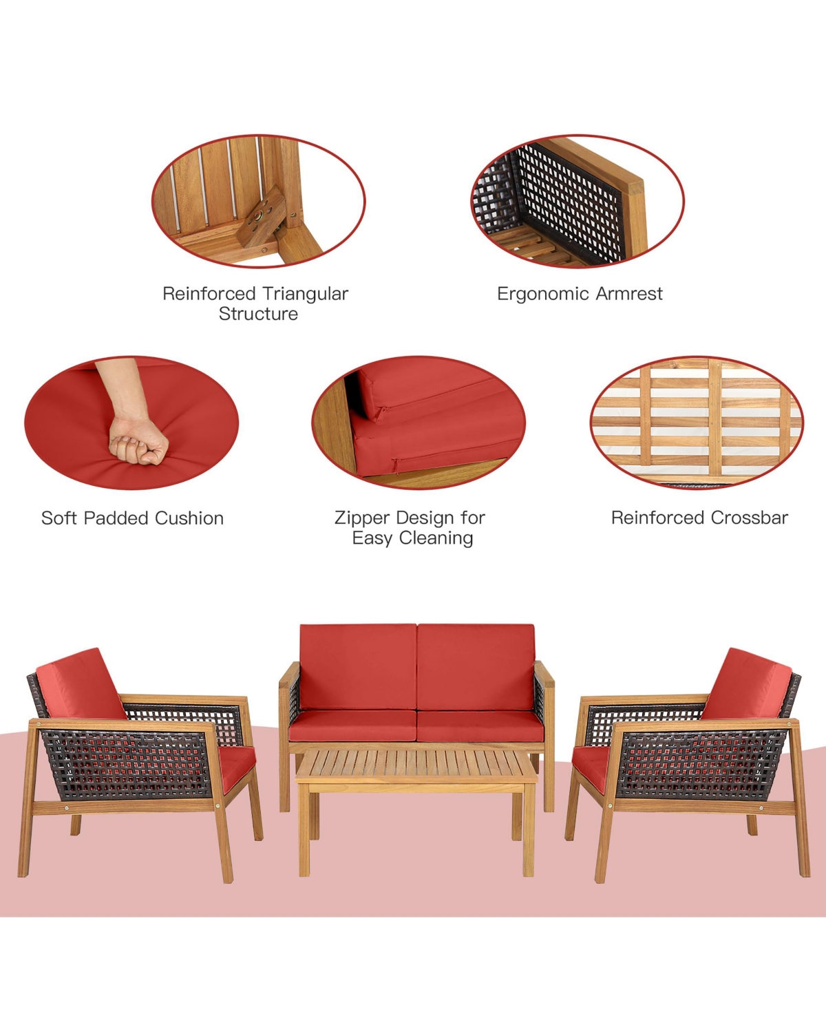 Costway 4PCS Patio Rattan Furniture Set Acacia Wood Cushioned Sofa