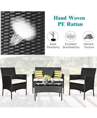 4PCS Patio Rattan Furniture Set Cushioned Sofa Coffee Table Backyard